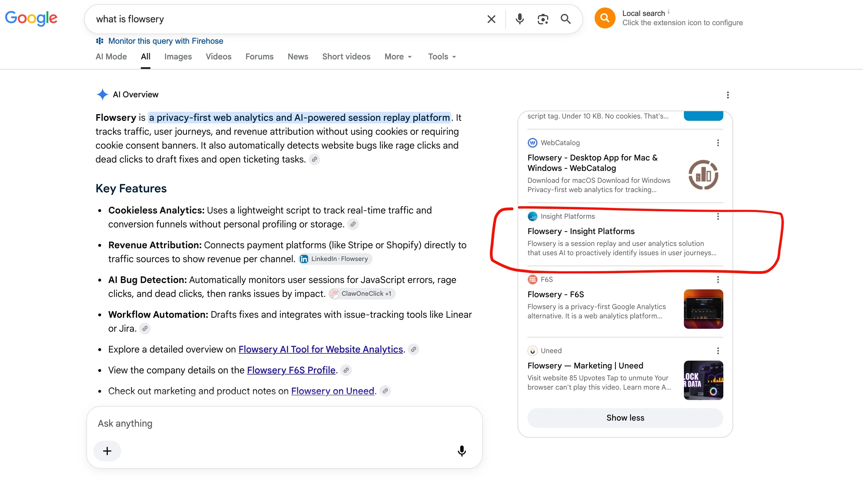 Google's AI Overview for "what is flowsery", citing the Insight Platforms directory page among its sources