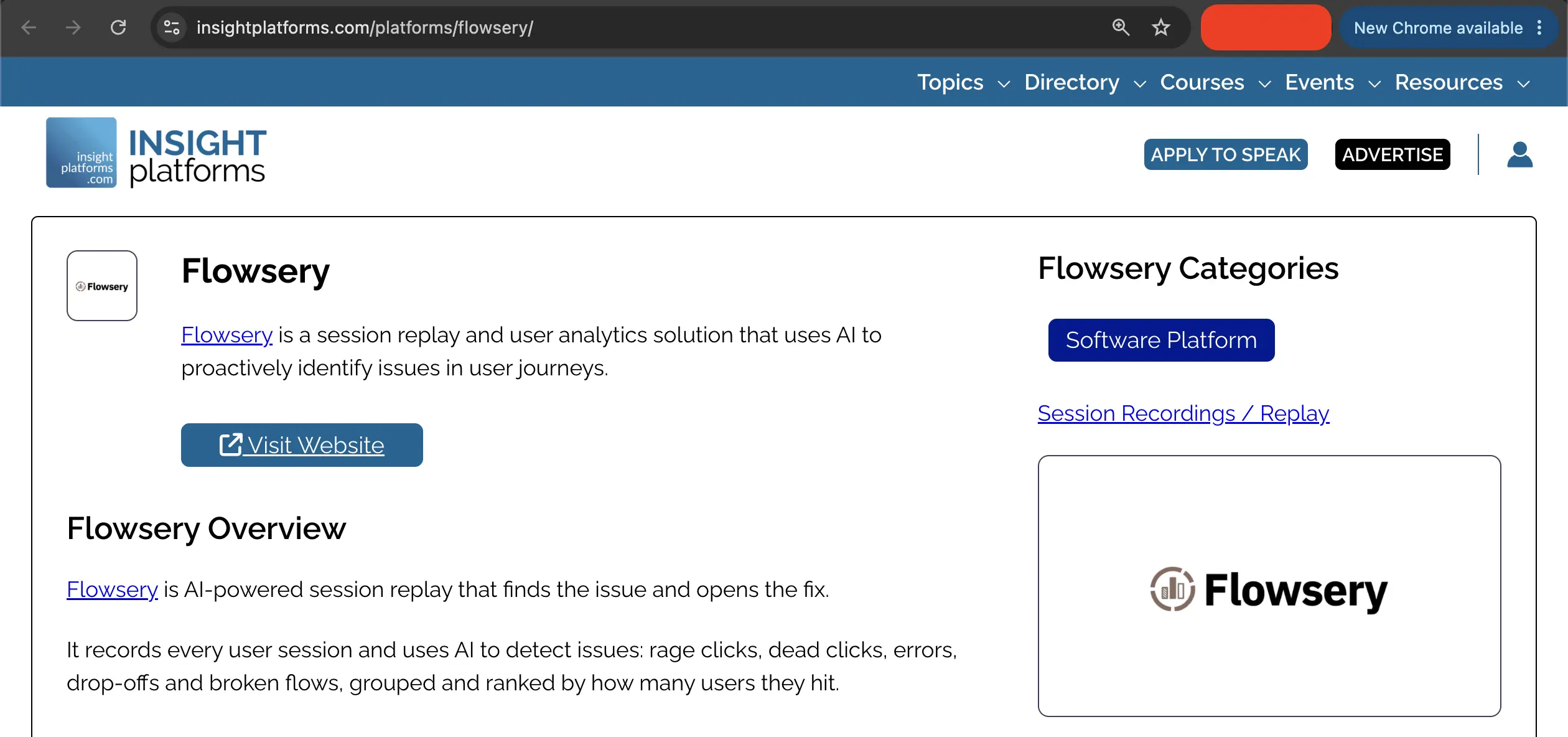 The Insight Platforms directory listing for Flowsery, the page earning that citation